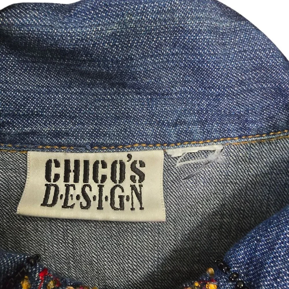 Chicos Vintage Denim Zip-Up Shirt Embroidered & Beaded Camel &Collar Boho READ - Picture 5 of 12